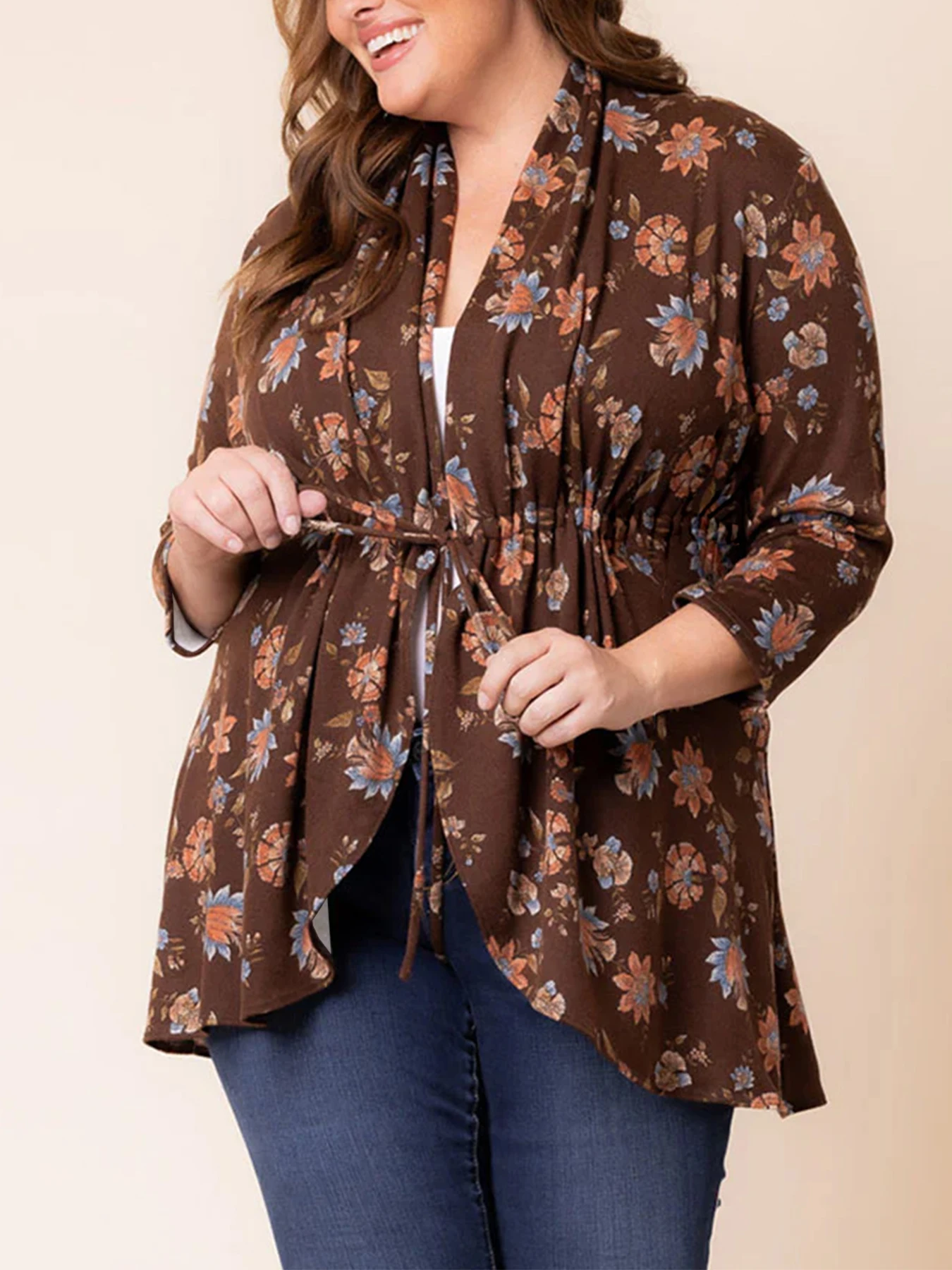 

Plus size women's spring and autumn chic casual soft and comfortable retro classic printed cardigan, the drawstring design is ea