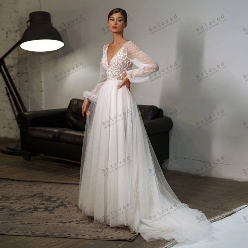 

Gorgeous Wedding Dresses A-Line Tulle Tiered Bridal Gowns Lace Appliques Long Puff Sleeves Robes Glamorous Vestidos De Novia