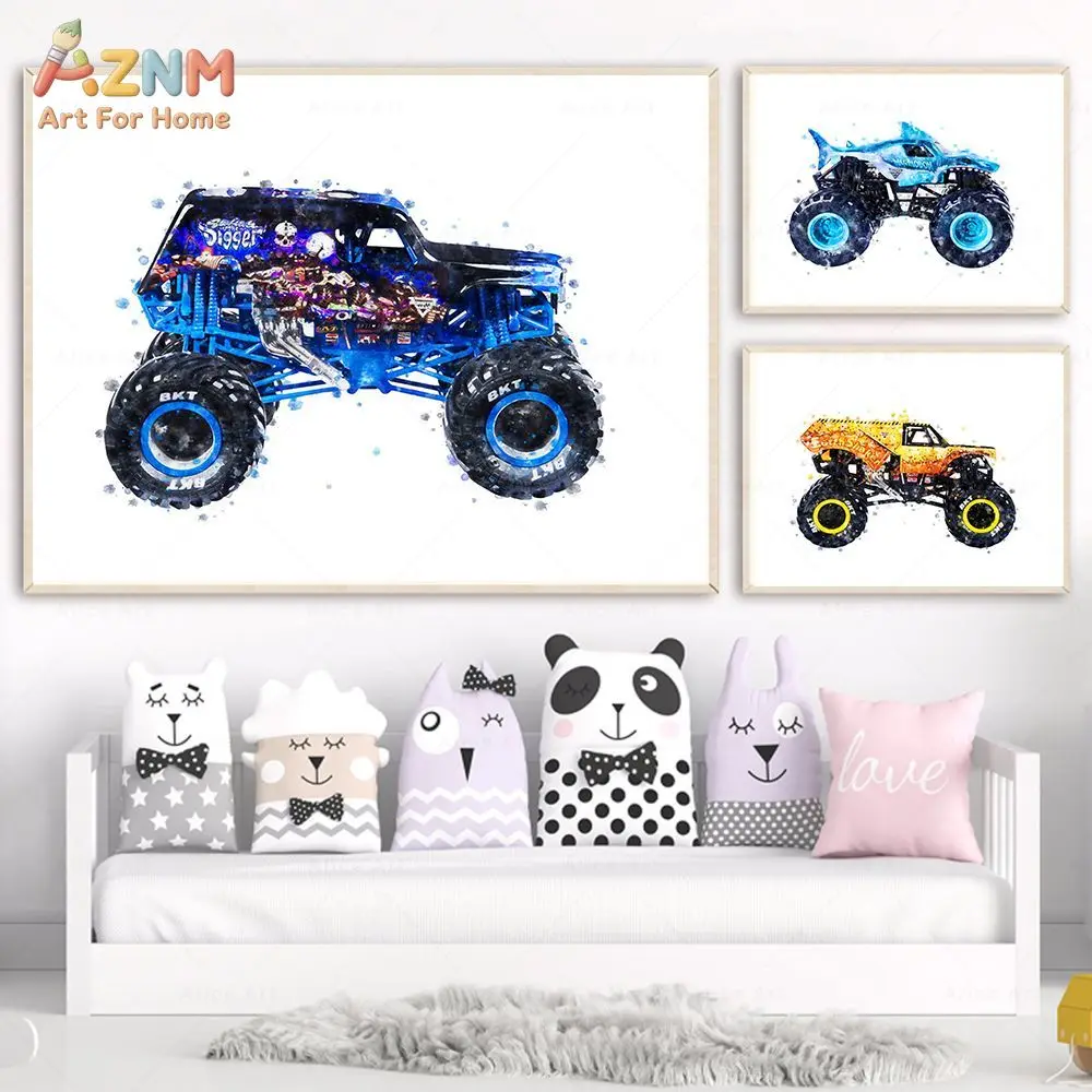 AZNM Monster Truck Canvas Wall Art Watercolor Cool Racing Car Vehicle Print Frameless Canvas Painting Boys Bedroom Playroom Kids