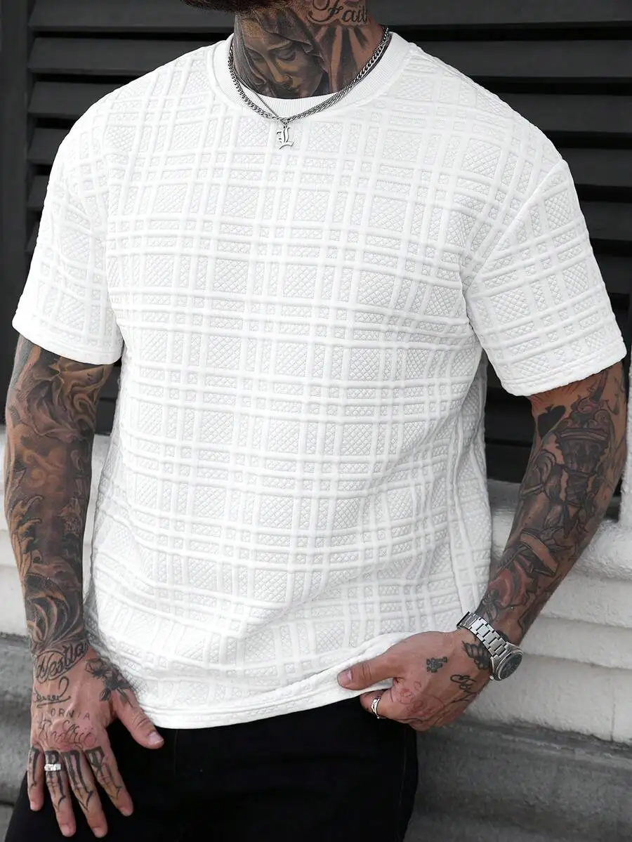 

White Mens Short Sleeve Crew Neck Textured Grid Pattern Casual Tee For Summer Daily Wear