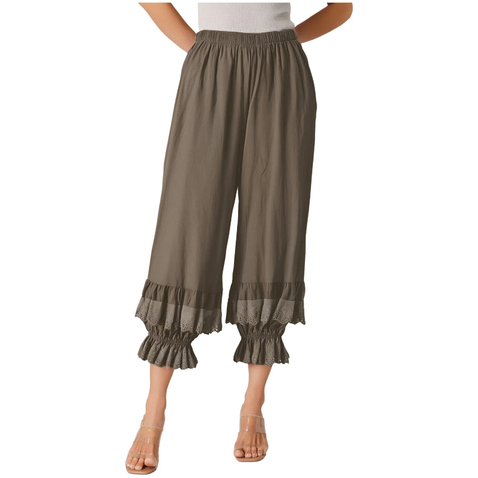 

Womens Bohemian Pants Cotton Loose 2-layer Ruffled Lace Elastic Waist Lantern Trousers Pastoral Style Pants for Daily Wear Beach