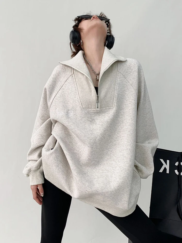 Loose Turn-down Collar Zippers Women Sweatshirts Autumn Casual Long Sleeve Oversized Loose Female Pullovers Jumpers Top