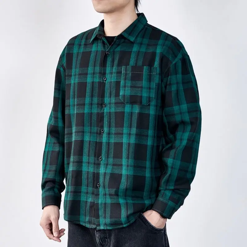 Spring Autumn New Men's Fashion Polo-Neck Pockets Single-breasted Plaid Spliced Long Sleeve Loose Casual Commuter Shirt Tops