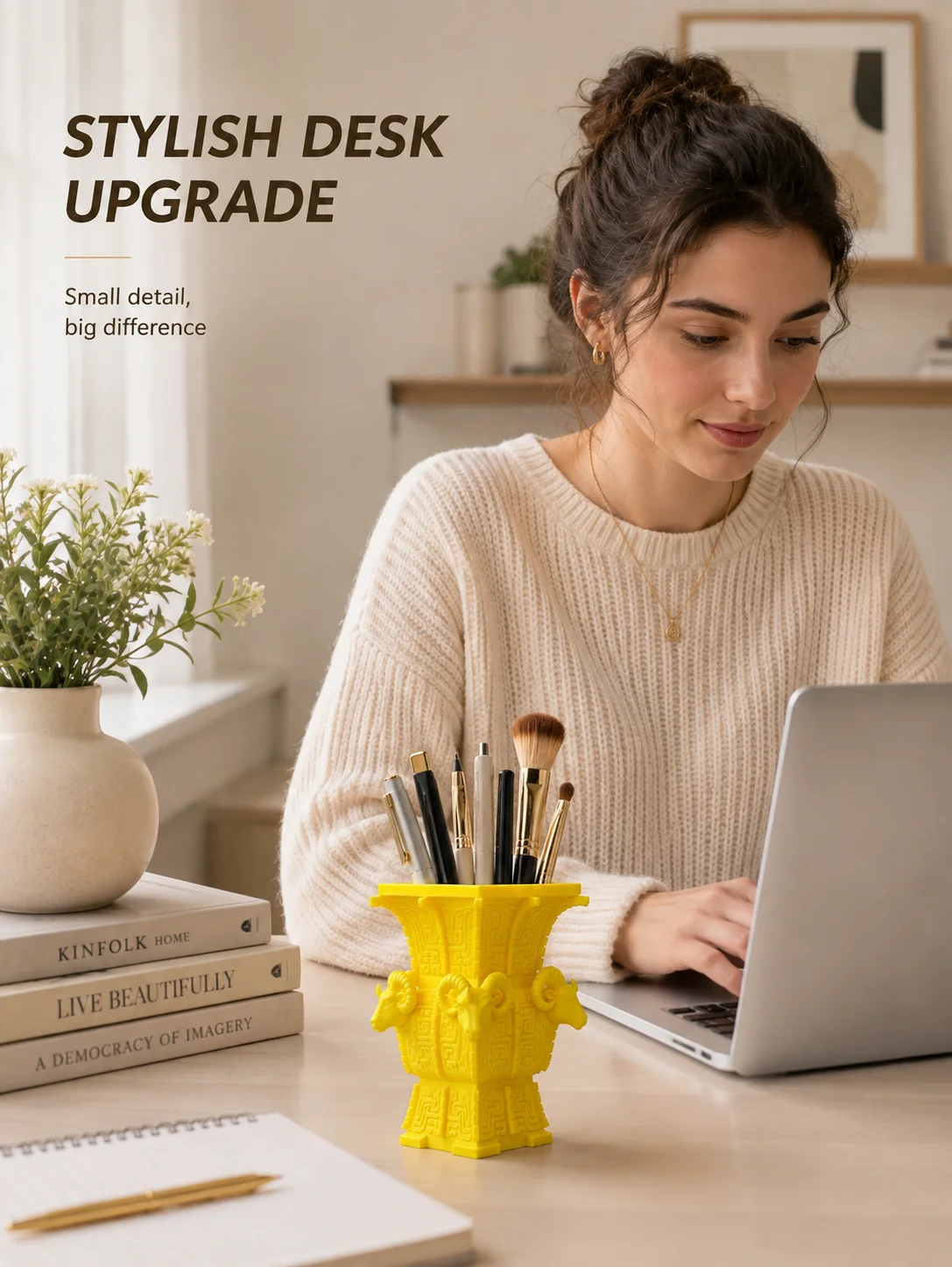 New Chinese-style retro Four Rams Square Jar pen holder, a replica of ancient Chinese bronze artifacts, desktop stationery storage box, office pen holder with carved ram head patterns, made of lightweight and durable PLA material, multifunctional makeup brush storage box, home office desk decoration, student office supplies, a preferred gift for lovers of oriental art