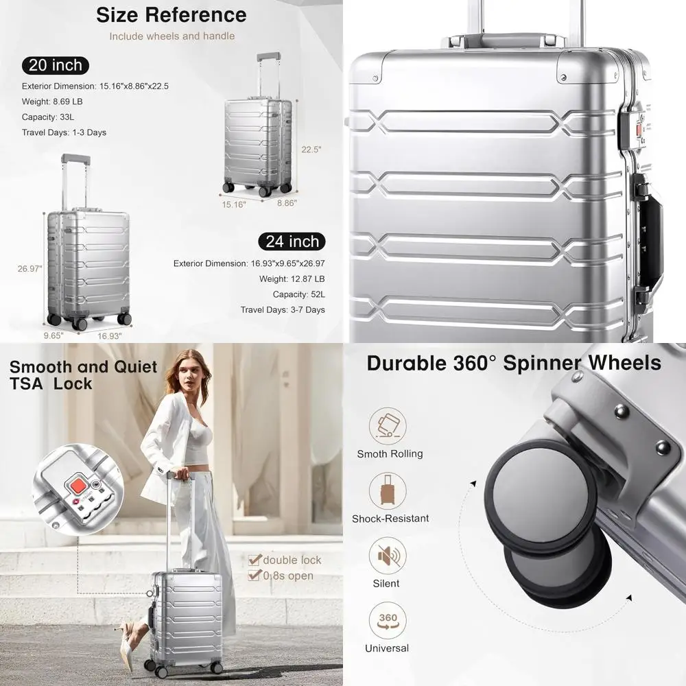 

Aluminum 20 Premium Carry-On Luggage with Spinner Wheels - Airline Approved, Zipperless & Hard Shell (Silver)