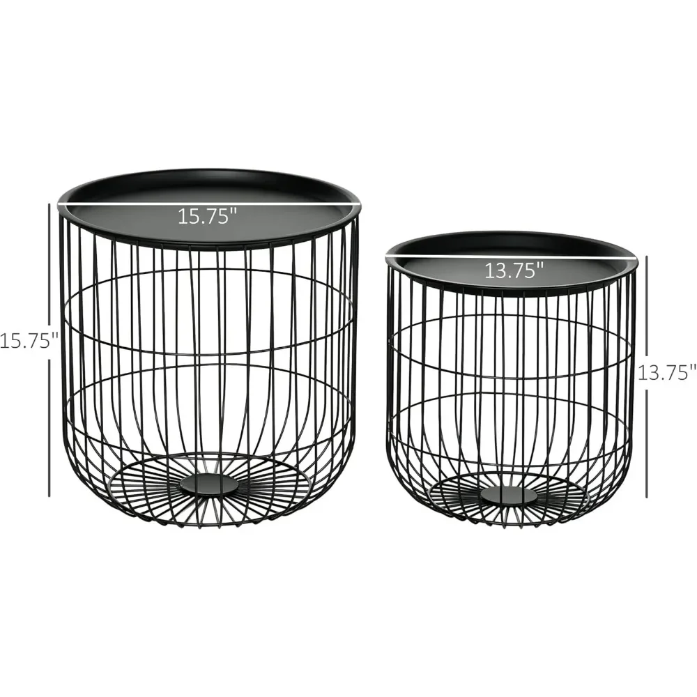 Nesting Coffee Tables, Round Coffee Table Set of 2 with Steel Wired Basket Body and Removable Top