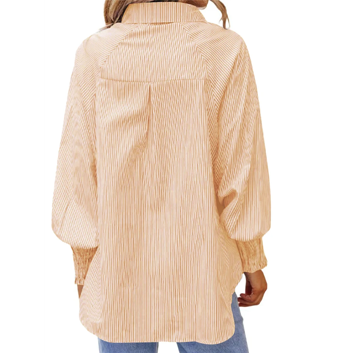 여성용 스트라이프 스모크 커프스 보이프렌드 블라우스 러플 슬리브 캐주얼 튜닉 탑 포켓 포함 옐로우 L