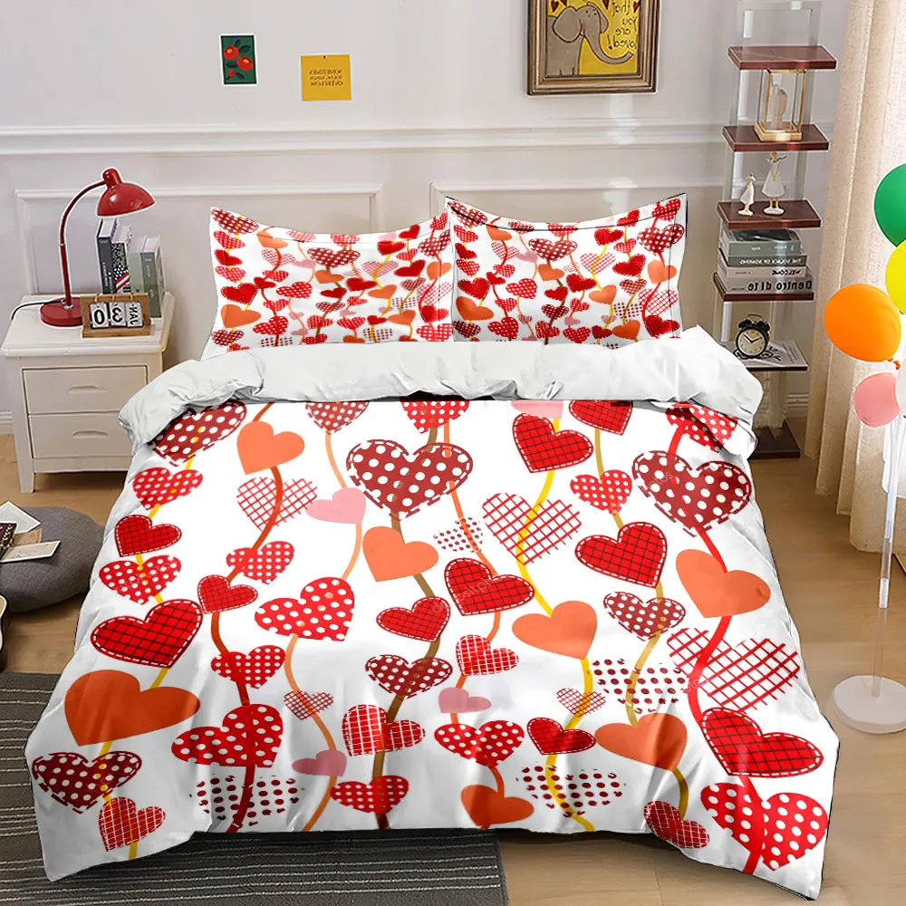 Red decorative hearts background Duvet Cover Set Digital Print Colorful Polyester Bedding with Zipper Closur for kids gifts
