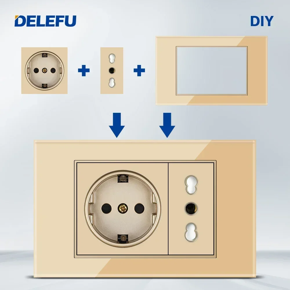 DELEFU Italian, EU, Multi-functional Free Combination USB Type C Wall Socket DIY Gold