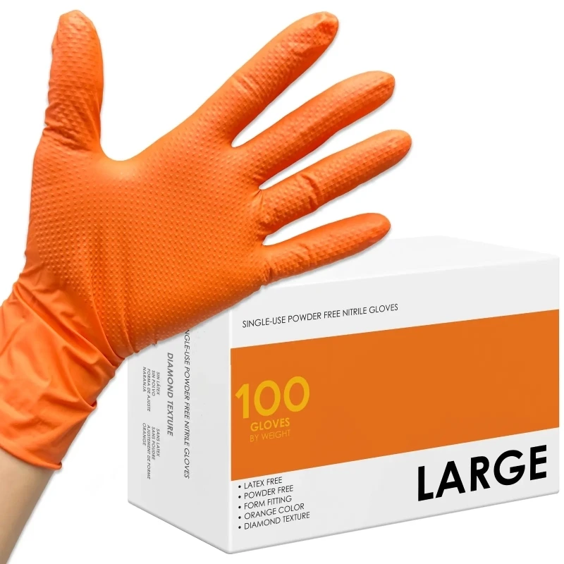 Heavy Duty Orange Nitrile Gloves 8 Mil Thick Raised Diamond Texture Disposable Gloves Tear-Resistant Industrial Mechanic Gloves