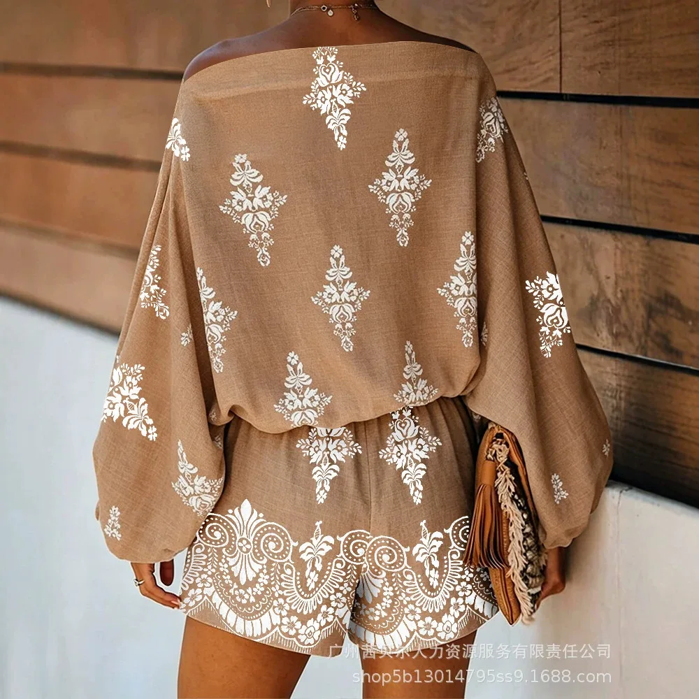 Two Piece Sets Women Pant Set Off Shoulder Lantern Sleeve Shirt Short Pants Vintage Print Y2k Streetwear Work Vacation Beach