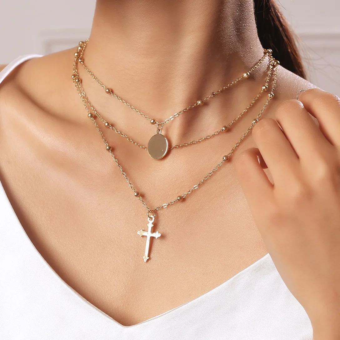 Cross border popular minimalist jewelry, multi-layer metal cross pendant, copper bead chain, sequin necklace