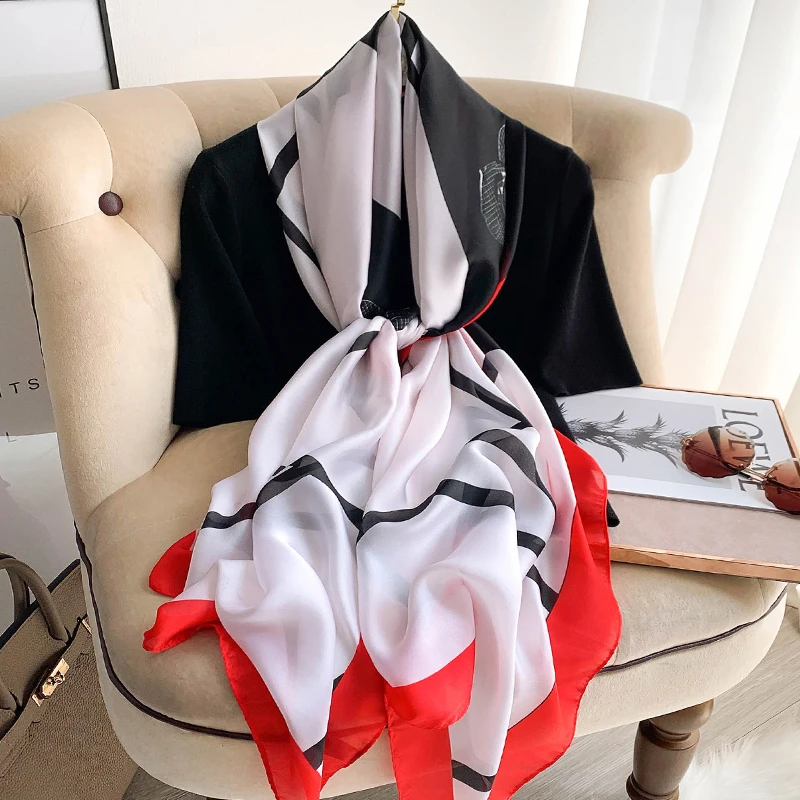 New 180*90cm classic Silk Scarf Women Foulard Office lady Large Fashion Print Beach Hijab shawl warp bandanna muffler pareo