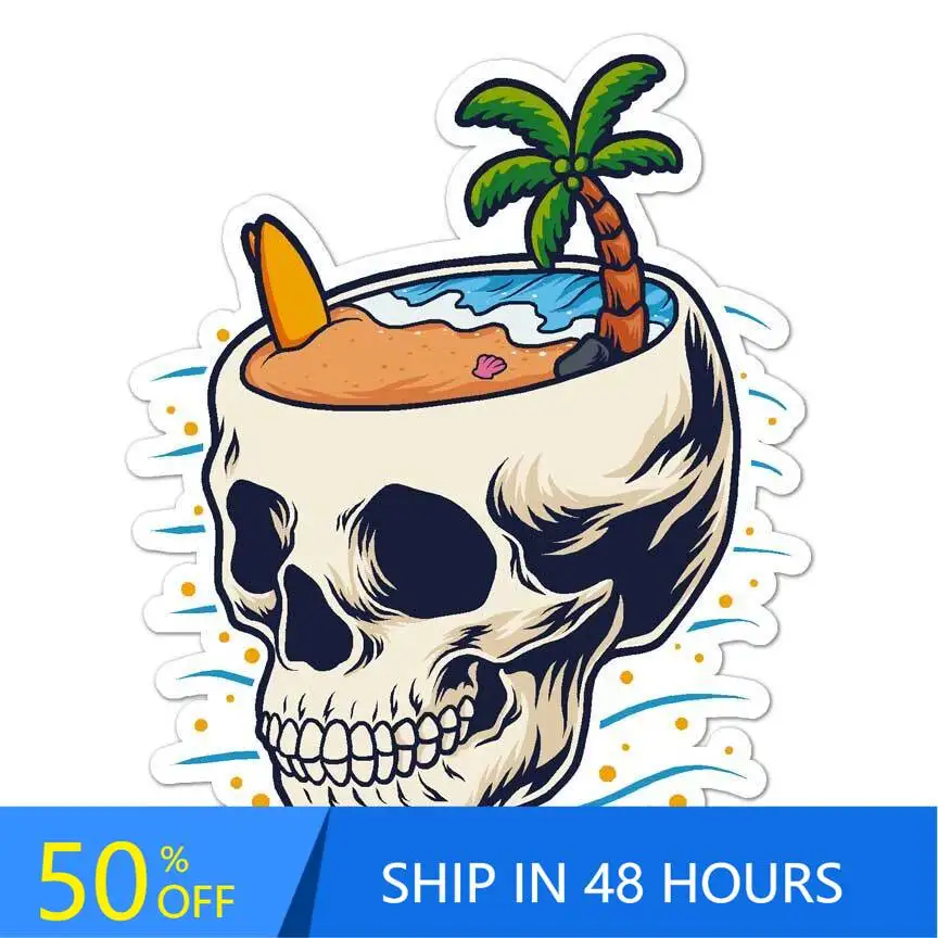 

Skull Tropical Island, Sticker, Aesthetic Truck Camper Van Boat Car Waterproof Vinyl Decal Gift Vintage Funny Cool Retro