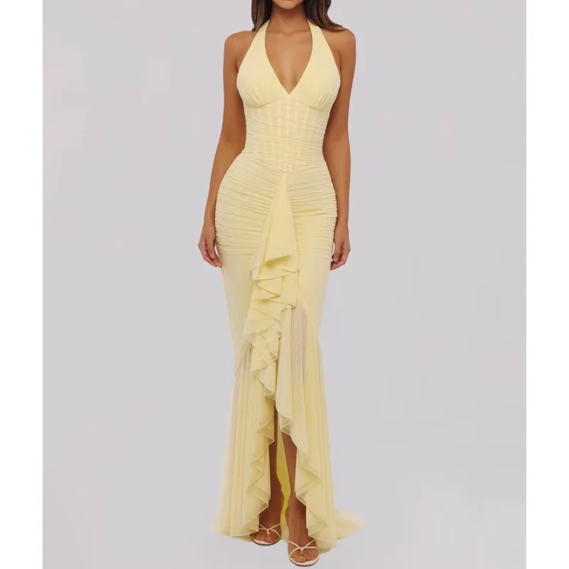 Mesh Deep V Neck Backless Sexy Maxi Dress Women Elegant Halter Off-shoulder Sleeveless Ruffled Club Party Long Dress