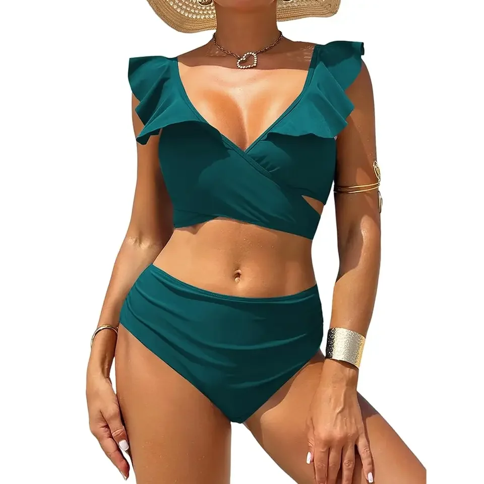 

Free Shipping Women High Waisted Bikini Sets Two Piece Ruffle Tummy Control Swimsuit Cutout Ruched Bathing Suit