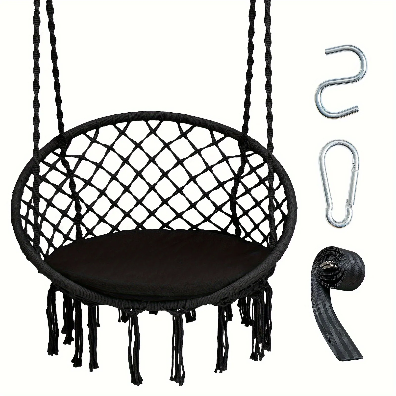 1pc Hammock Swing Chair With Cushion, Hanging Hardware Kit, Indoor Outdoor Furniture, Black