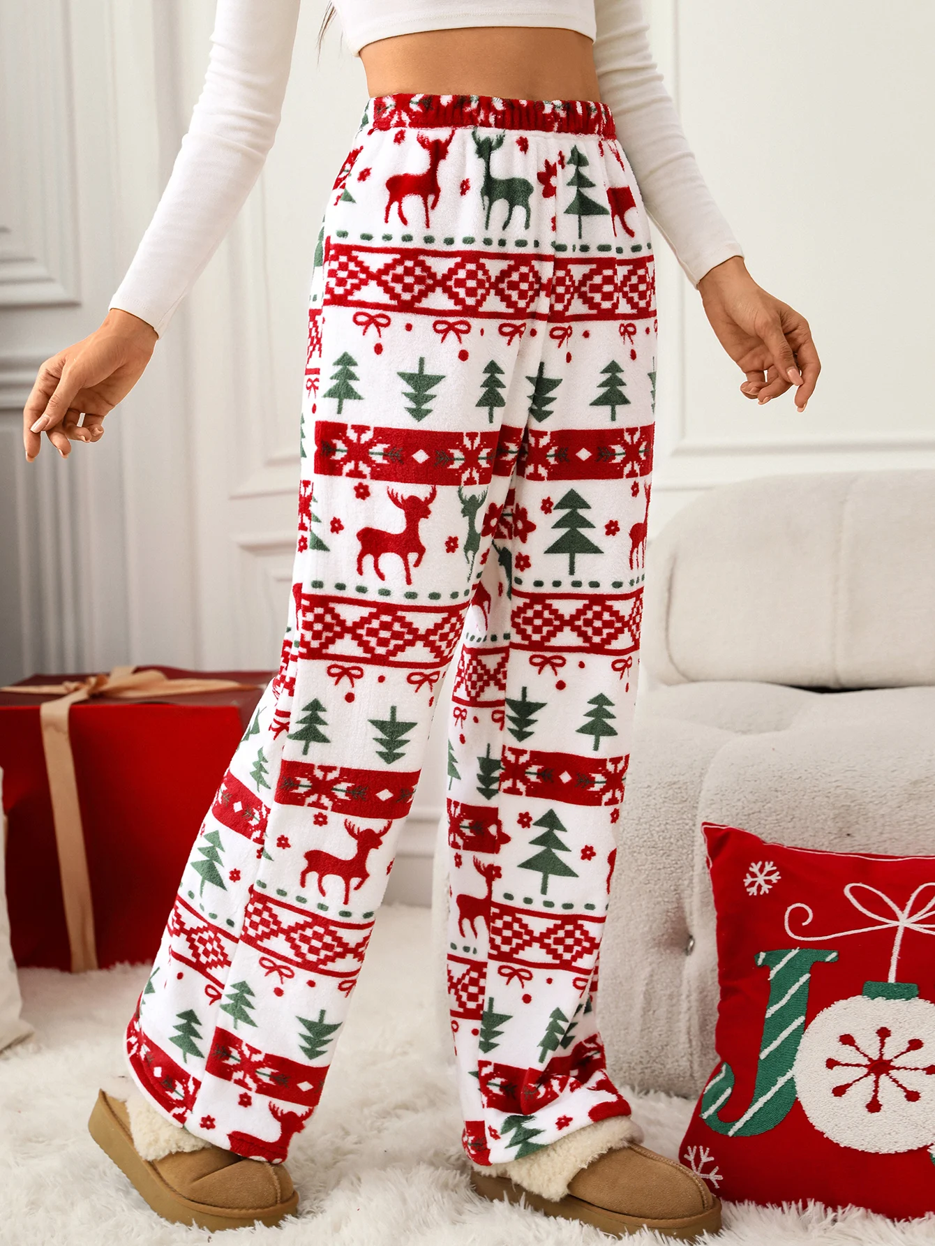 กางเกงขายาวผ้าพลัฌพิมพ์ลายกวางเรนเดียร์และต้นคริสต์มาสสำหรับผู้หญิง ดีไซน์หรูหรา สไตล์อบอุ่น