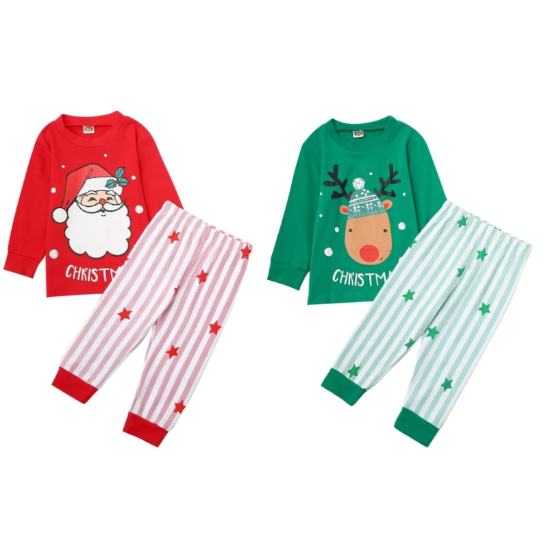 

2PCS Kid's Pajamas Sets Christmas Style Pattern Long Sleeve Top & Pants Set Cute Deer Design Santa Claus Pajamas