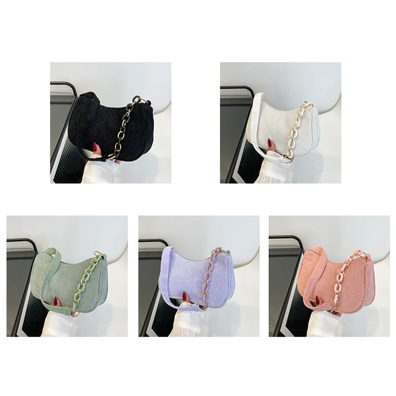 Fashion Vintage Women Handbags Corduroy Underarm Bag Casual Women Shoulder Bags Solid Color Zipper Female Handbag Clutch