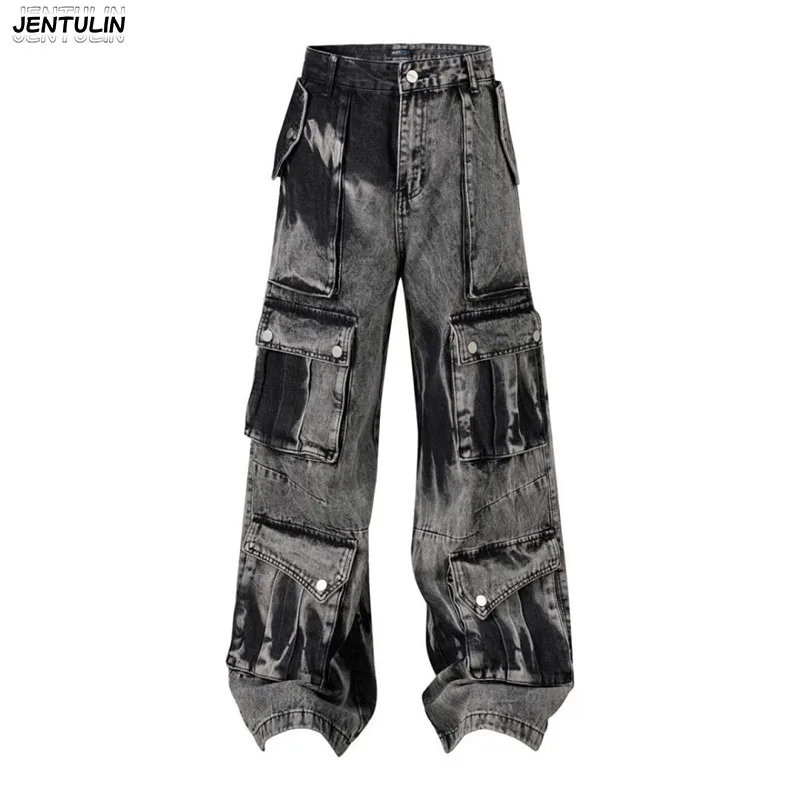 

American High Street Tie Dye Workwear Jeans With Loose Pockets Wide Legs Washed Y2k WAorn Straight Leg Pants Men's Clothing