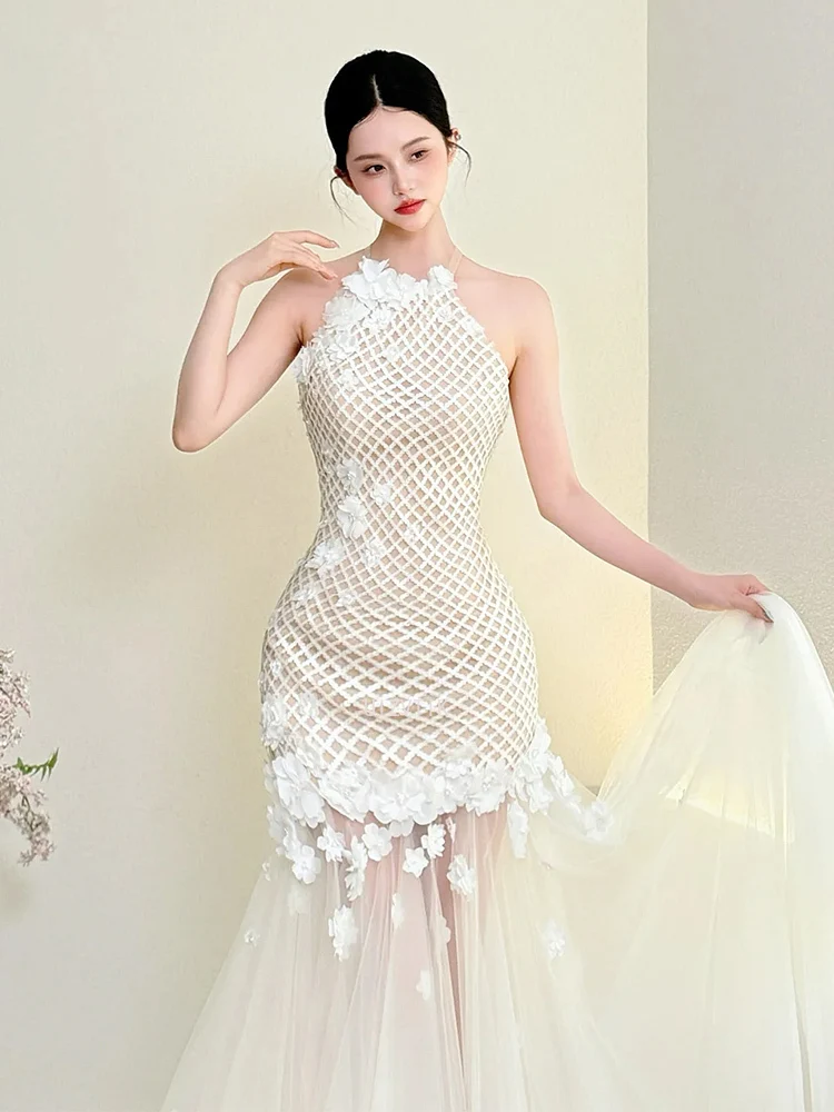 Białe Proste Suknie Ślubne w Stylu Koreańskim w Kształcie Litery A, Damskie Suknie Ślubne z Dekoltem typu Halter, z Miękkiego Tiulu, Długie do Podłogi, Eleganckie Suknie Ślubne 웨딩드레스, Personalizowane Gorsety