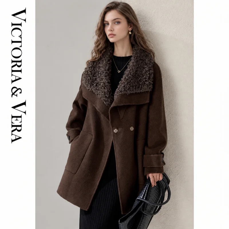 Women's Notched Lapel Double Breasted Mid Coat, Furry Collar Loose Fit Fall Winter Jacket