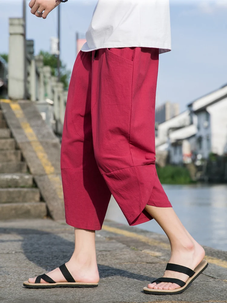 

Мужские легкие свободные брюки прямого кроя из хлопка и льна, повседневные, для пляжа, молодежные, спортивные, укороченные (7/8 длины)