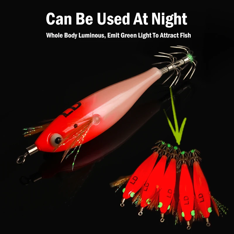    LEYDUN 5 قطعة/مجموعة مضيئة العين الأفقي خطاف الحبار الخشب الروبيان الحبار الأحمر والأخضر مضيئة BKK هوك الحبار الروبيان الطعوم