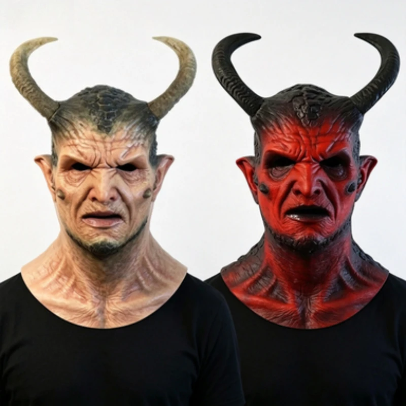 Red&Skin Tone Devil Latex Full Head Mask,Halloween Masquerade Role‑Play Headgear, Adult Carnival Horror Theme Stage Costume Prop
