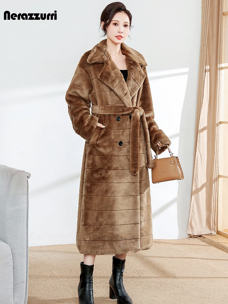 Nerazzurri Winter Long Striped Thick Warm Fluffy Faux Fur Trench Coat for Women Sashes Double Breasted Luxury Furry Overcoat