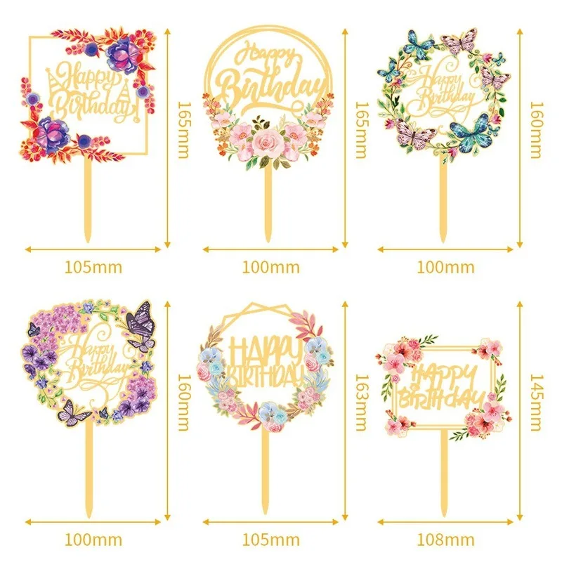 Ins Style Flower Color Printing Happy Birthday Card Insert Decoration Dessert Birthday Cake Bread Birthday Photo Shooting Props