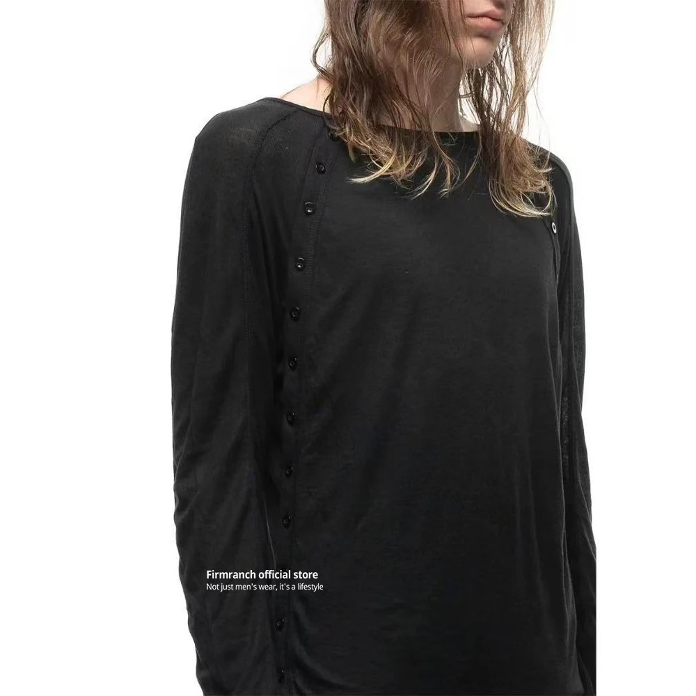 Firmranch Spring Summer Black And White Perspective Layering Double-shoulder Button Closure Long Sleeve T-shirt For Men Women