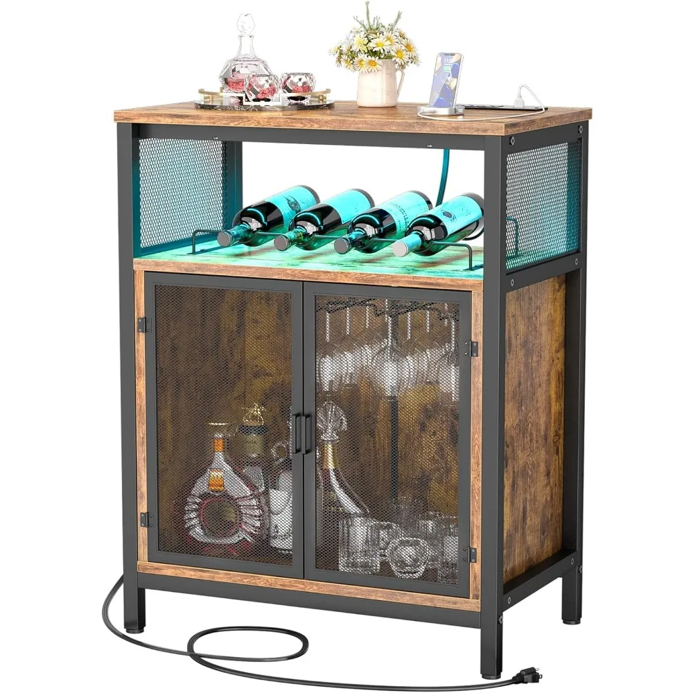 Wine Bar Cabinet with RGB Light and Outlet, Freestanding Wine Rack Table, Liquor Cabinet with Glass Holder, Floor Bar Cabinet