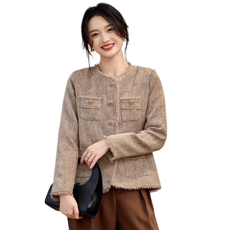 2025 New Spring Autumn Women Single Breasted Slim Jacket High Quality Tassel Edge Elegant Vintage Khaki Tweed Jacket Outwear