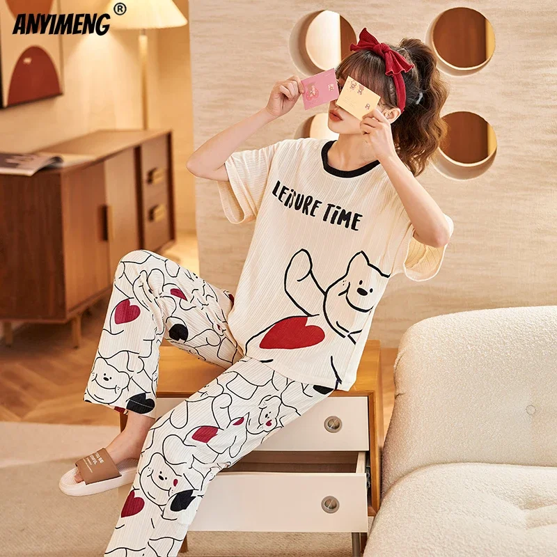 Women\'s Pajamas Summer Fashion Cotton Plus Size Woman Clothes Teen Girl Home Lingerie Top and Bottom Set 2 Pieces Sleepwear