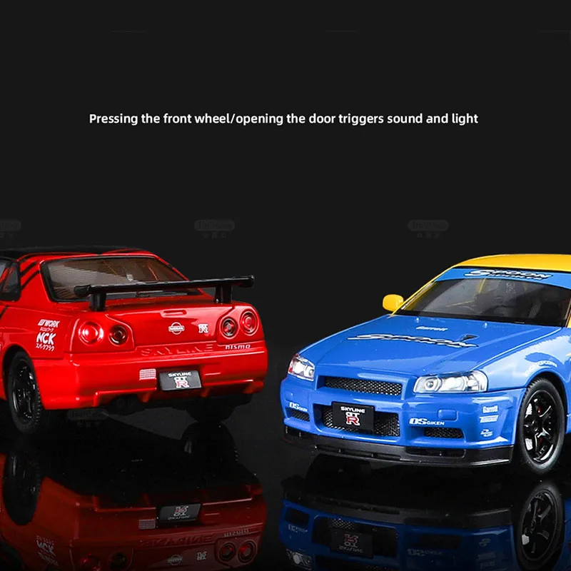 1:24 Scale GT Skyline R34 Alloy Diecast Sports Car Racing Model High Simulation Sound Light Pull Back Gifts Boy Toys Decoration