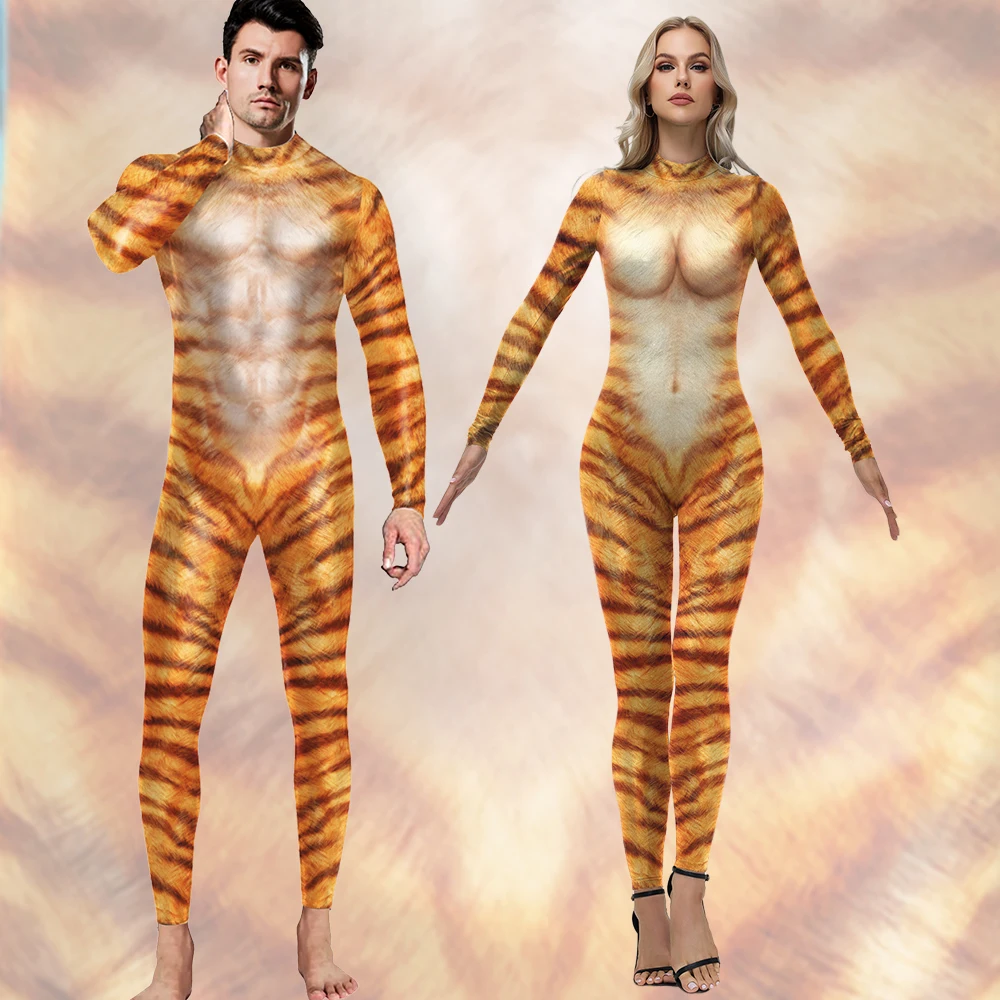 

Adult Cosplay Animal Tiger Pattern Costume Women Men Halloween Party Zentai Bodysuit Stage Performance Dress Up Jumpsuit
