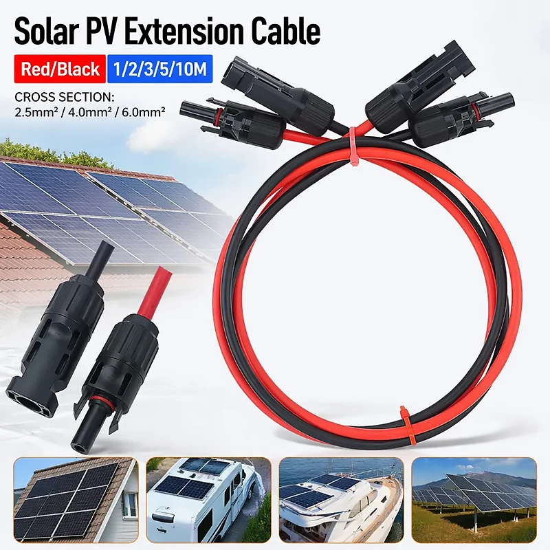 Red Black Solar PV Wire 2.5 4 6mm2 - Double Ends Extension Cable 1 2 3 5 10M for Outdoor Photovoltaic System