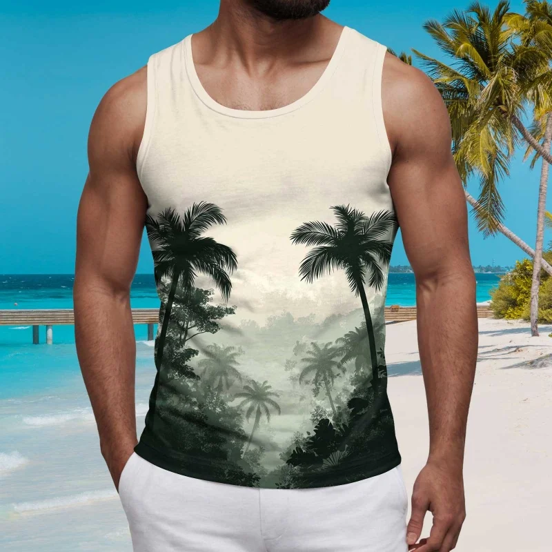 

3D Printed Coconut Tree Flowers Tank Tops For Men Gradient Pattern Tees Summer Loose Vacation Street Sports Tops Round Neck Vest