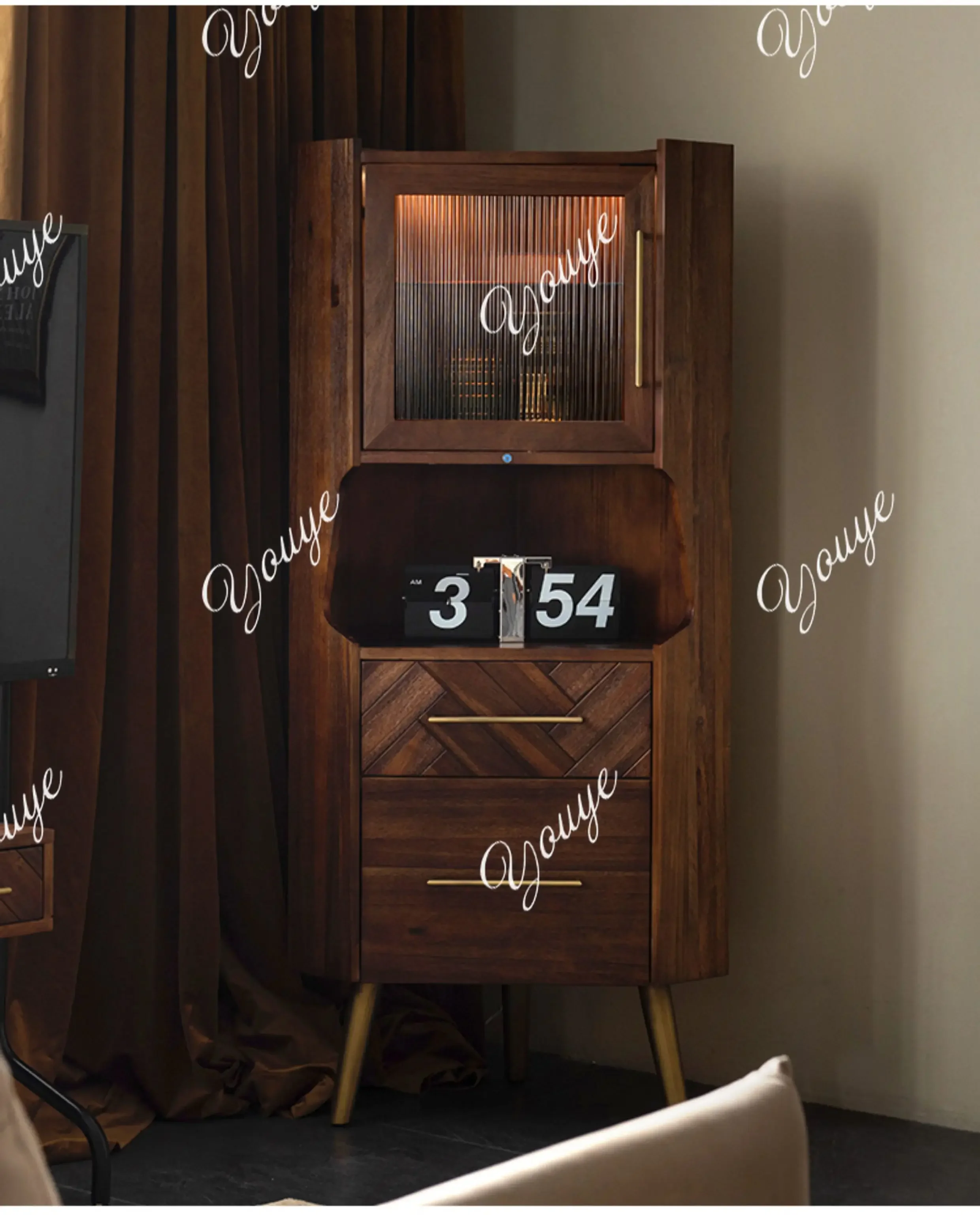 

J Solid Wood Corner Cabinet Triangular Living Room Wall Corner Light Luxury Shelf Retro Display Cabinet Storage Wine Cabinet