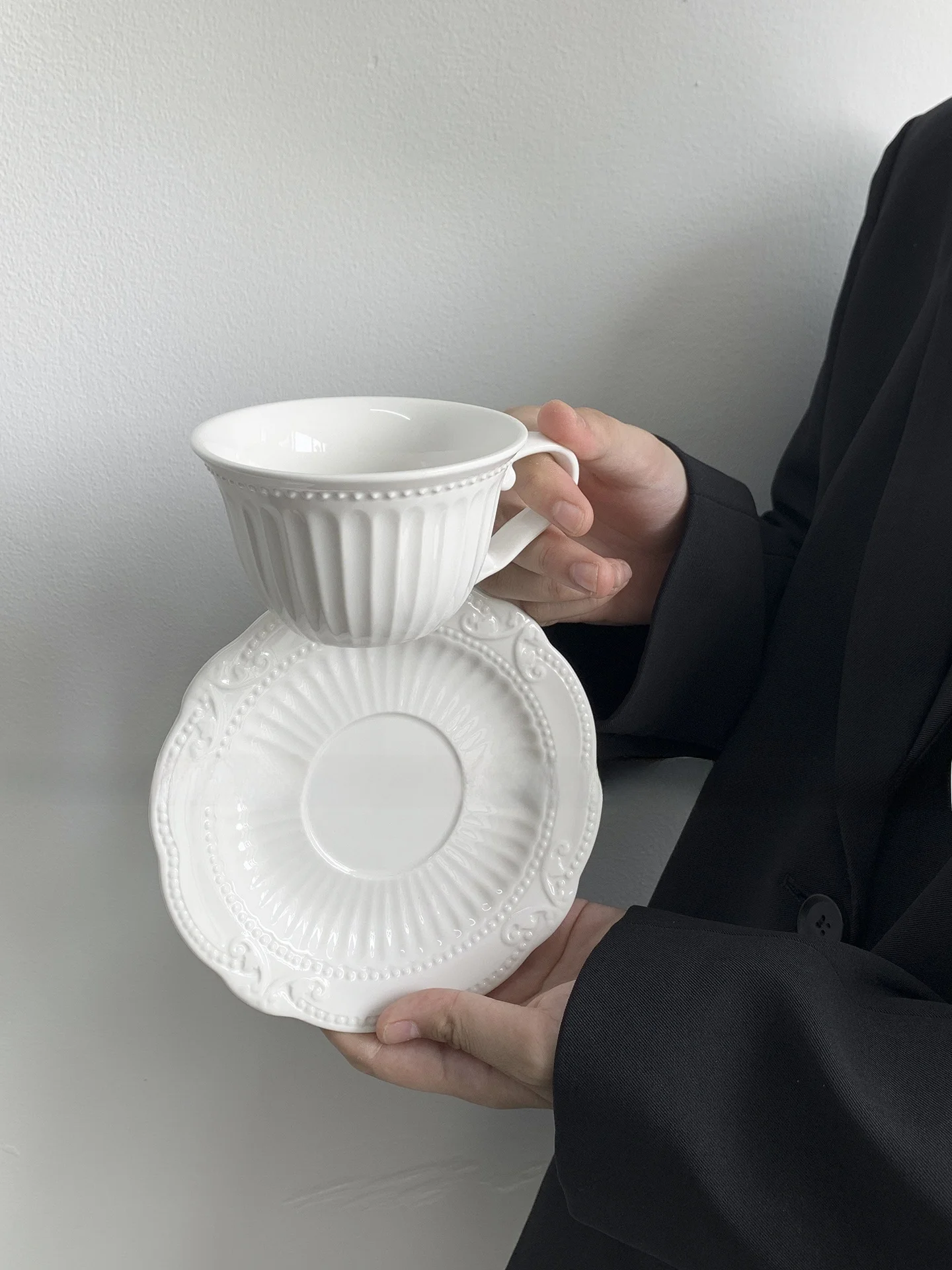 Orange Ceramic Coffee Cup And Plate Set Vertical Stripe Afternoon Tea Water Cup Gift Small Crowd Cup with Single Ear Handle