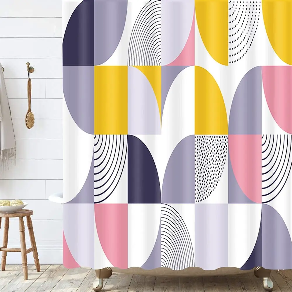 Morden Shower Curtain Mid Century Pink White Yellow Purple Abstract Swiss Geometry Boho Contemporary Bathroom Curtains