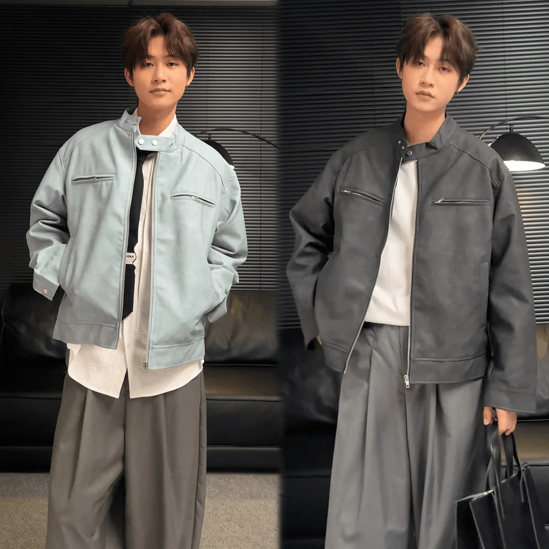

Ice Blue PU Leather Jaet Men's ort Stand Collar Pilot Sle Spring Autumn Faionable Vintage Brand Hanling Coat
