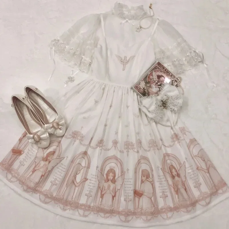 Vestido gótico escuro com estampa para diabo, Lolita Japonesa Jsk, Vestido Victorian Strap, Sweet Loli, Preto e branco