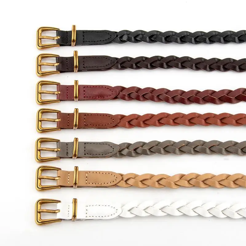 Women Minimalist Braided Woven Thin Belt Niche Irregular Gold Buckle Skinny Faux Leather Belt Versatile For Jeans Shirts Coats