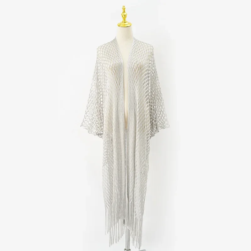 Women's Outer Tower Tassel Pure Colour Gold and Silver Silk Shawl Sunscreen Beach Seaside Long Tunic