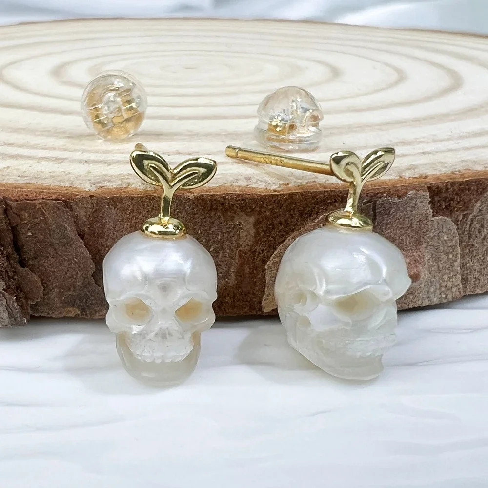 Skull Carved Freshwater Pearl 925 Sterling Silver Leaf Stud Earrings Gothic Jewelry Handmade Gift for Wedding