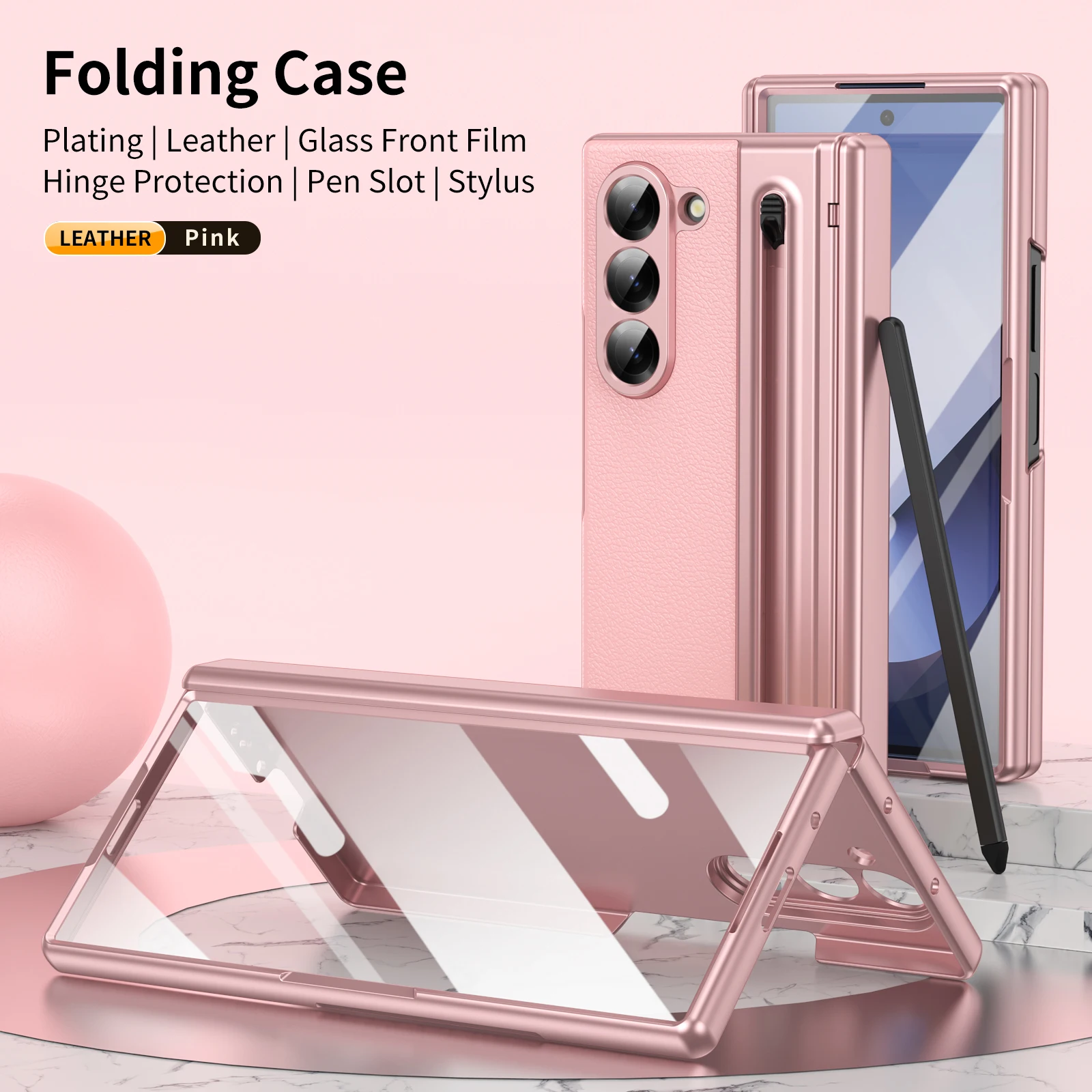VIETAO voor Samsung Galaxy Z Fold 7 lederen telefoonhoes met scharnierbescherming, Z Fold 6 hoesje met voorschermfilmbeschermer + pen