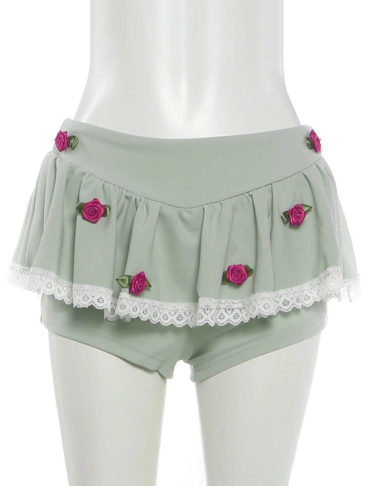 Weird Puss Sweet 3D-Rosen-Dekoration, 2-teiliges Set, Patchwork-Design, eng anliegendes Top mit tiefem Ausschnitt + Minirock mit Spitzenfalten, Party- und Sommer-Outfit. – Detail 13